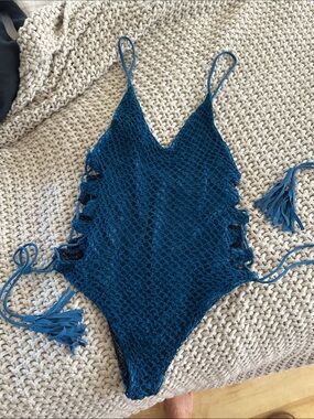 acacia swimwear Blue Crochet One-Piece Swimsuit